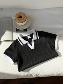 年轻男孩运动休闲拼色短袖 Polo 衫，带装饰细节，适合通勤、上学、日常休闲、度假、旅行、适合运动、适合儿童、男生学校、家庭搭配、生日派对、适合日常、适合上学、适合运动、春夏季 - 黑色 - 查看 3