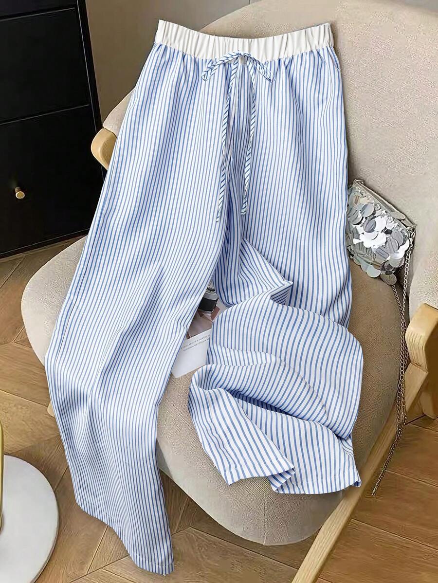SHEIN LUNE Women's Summer All-Match Versatile Striped Patchwork Drawstring Pants Fall Cloth For Women - Blue and White - View 1