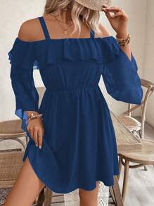 Chiquease 女士优雅休闲露肩袖夏季连衣裙度假沙滩装 - 寶藍色 - 查看 6