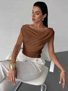 Firerie Women's Elegant Minimalist Chic Fashion Sexy Daily Commute Music Festival Holiday One Shoulder Asymmetrical Draped White Cropped Top, Spring/Summer - Coffee Brown - View 5