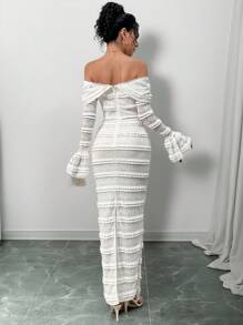 Modelyn Vestido elegante de manga larga con hombros descubiertos y encaje para mujeres - Blanco - Ver 2