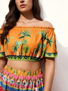 Maija Set da due pezzi da donna taglie forti, composto da blusa spalle scoperte a maniche corte con stampa palme e gonna lunga a vita alta con spacco laterale