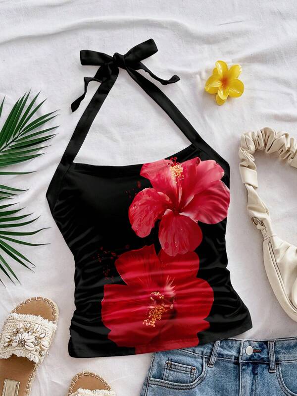 Soleia Women's Vacation Halter Ruched Open Back Form-Fitting Tank Tops, Suitable For Summer Vacation, Floral Print, Hibiscus Print,Springbreak,Coconutgirl,Girl Trip,Music Festivel