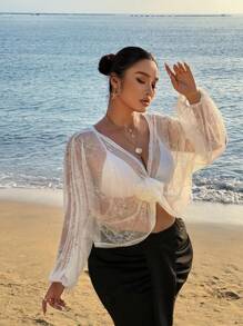 SHEIN Clasi Plus Size Women's Elegant Summer White Lace Sheer Blouse, Floral Batwing Lantern Sleeve Cropped Tops For Beach Holiday,Party,Club Galas - White - View 2