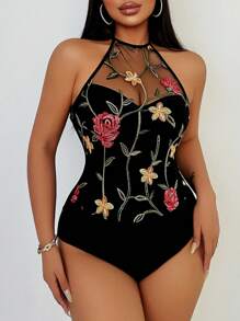 VaVaBold Women's Floral Embroidered Patchwork Sexy Halter Bodysuit, Spring/Summer - Black - View 4
