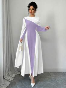 Chiquease Đầm dài tay xếp ly màu thanh lịch cho nữ - Màu tím - Xem 3