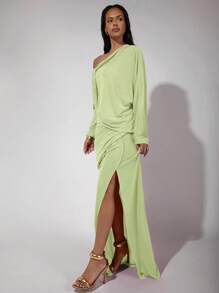 COSMINA Women's Solid Color Asymmetric Neck Long Sleeve Pleated Side Slit Dress