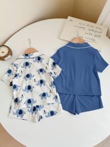 SHEIN 4pcs Baby Boy Cute Cartoon Elephant Print Solid Color Lapel Button Short Sleeve Shorts Loose Comfortable Pajama Set Graphic - Multicolor - View 2