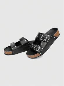 ROMWE Grunge Punk Women's Black Roman Beach Sandals, Summer Open Toe Buckle Strap Vacation Flat Slide Slippers