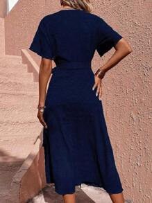 Breezaya Solid Knot Side Wrap Dress Maxi Women Outfit - Navy Blue - View 2