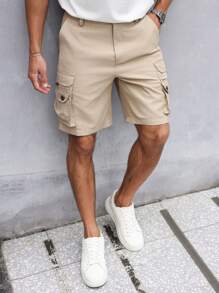 Manfinity Homme Men's Solid Color Utility Pocket Relaxed Casual Shorts Men Shorts Cargo - Khaki - View 1