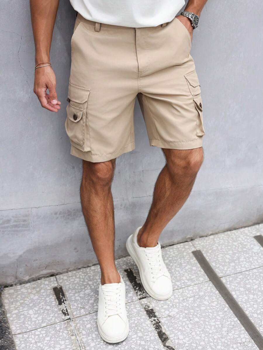 Manfinity Homme Men's Solid Color Utility Pocket Relaxed Casual Shorts Men Shorts Cargo - Khaki - View 1