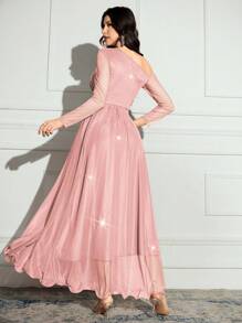 Modelyn 女士纯色不对称领口长袖优雅加长连衣裙