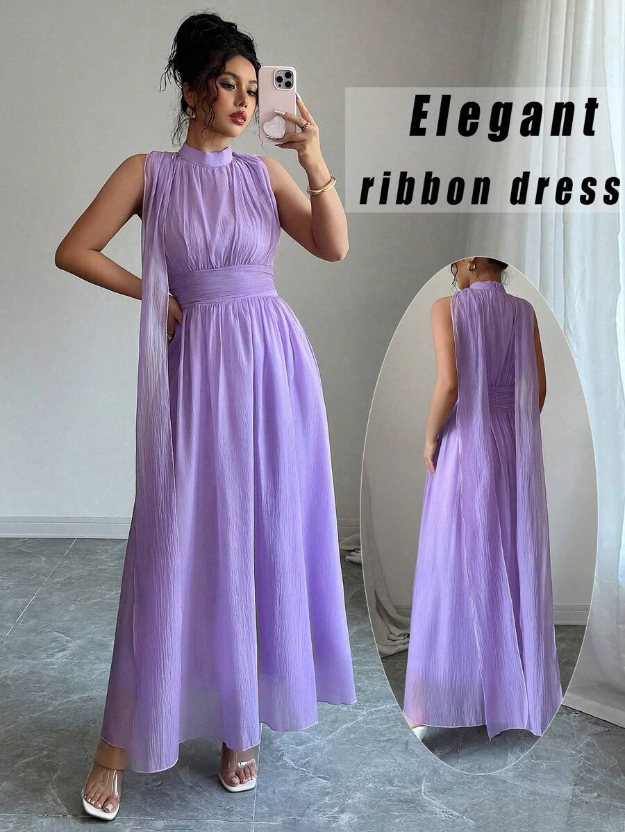 Elenzga Váy suông cổ bẻ xếp nếp thanh lịch ôm sát eo cho nữ, đa năng để mặc hàng ngày, đi chơi, đi nghỉ, đi dã ngoại, mua sắm, v.v., mùa hè - Màu tím - Xem 1