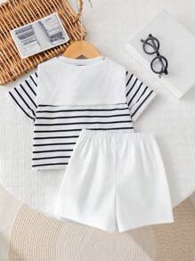 SHEIN 3件套婴儿男女童夏季可爱条纹短袖上衣、松紧腰短裤、披肩三件套，适合生日派对、晚宴、演出、婚礼、迎婴派对、一周岁生日庆祝等场合。 - 彩色 - 查看 2