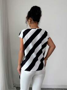 Franclia Women's Striped Commuter Elegant Short Sleeve Blouse - Black - View 2
