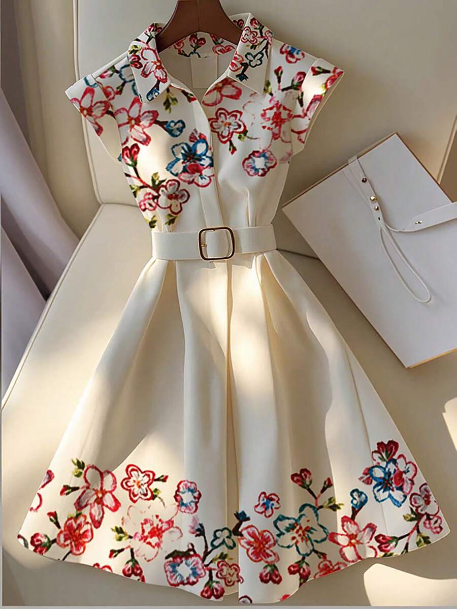 Franclia Women's Elegant Floral Print Shirt Dress, Suitable For Spring/Summer Holiday And Everyday Wear - Apricot - View 1