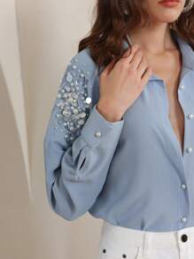 Anewsta Aprikot handgefertigte Bluse mit Perlenverzierung für Frauen, Langarmbluse für Herbst/Winter - Blau - Übersicht 2