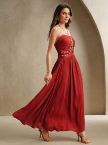 Anewsta High Quality Standard Sized Elegant Rhinestone Halter Design Fashion Formal Dress, Suitable For Women's Party & Event Wear - Red - View 4