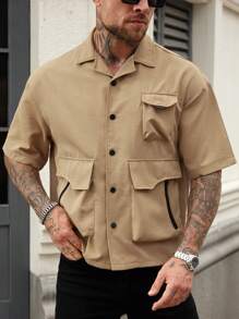 Manfinity Homme Men's Casual Solid Color Zip-Up Pocket Shirt - Yellow - View 1
