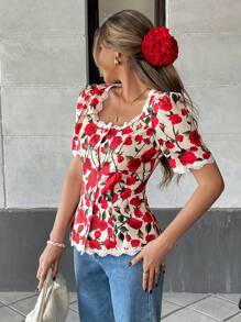 Pariaura 女式法式短袖花卉蕾丝衬衫 - 紅色 - 查看 4