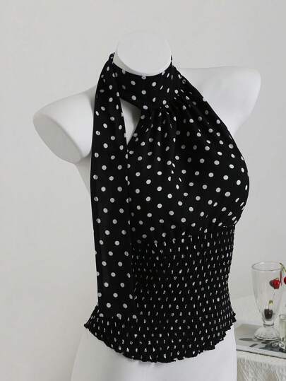 Elamini Women's Black & White Polka Dot Backless Cinched Waist Tank Top, Asymmetric Neckline, Versatile For Commuting, Vacation, Beach, Casual Dating, Summer
