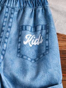 SHEIN Young Boy Denim Effect Summer Shorts, Casual Japanese Style Fashion 2025 New - Blue - View 5