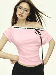 Rina Fox 女士系带设计不对称领口短袖时尚T恤，夏季