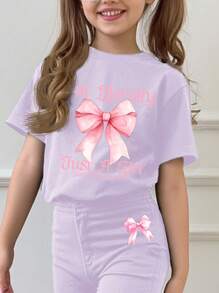 SHEIN Tween Girl Casual Minimalist Short Sleeve Top & Pants 2 Pieces Set, Suitable For Summer - Purple - View 3