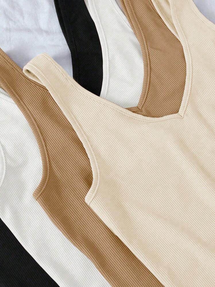 Breezaya Camisetas sin mangas básicas de verano para mujer de unicolor con cuello en V, versátiles y casuales - Albaricoque - Añade 7