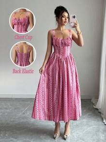 SHEIN Unity Rafferiza 女式浪漫情人节演唱会装度假生日连衣裙休闲连衣裙荷叶边前系带蝴蝶结可爱优雅粉红玫红色不对称水钻条纹印花吊带后背不对称腰部修身A字下摆2025夏季新款长裙 - 粉色 - 查看 6