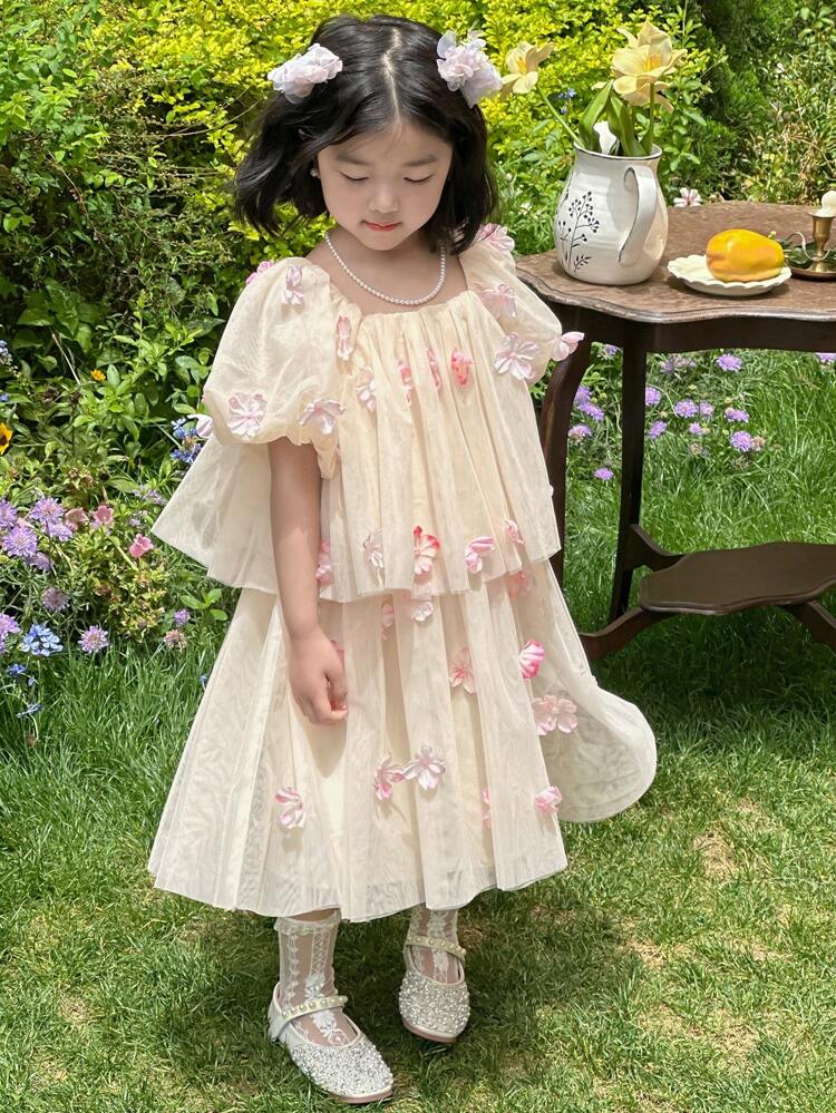 Young Girls Crew Neck Mesh Floral 3D Embroidery Sleeveless Top With Puffy Mini Skirt, Formal Dress Set,Girls Summer Outfits Easter