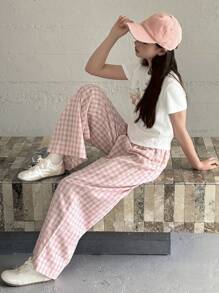 DAZY 2pcs/Set Youth Knit Graphic Print Short Sleeve T-Shirt + Plaid Pants, Spring/Summer - White - View 3