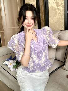 DAZY Women's Elegant Lace V-Neck Puff Sleeve Shirt, Summer