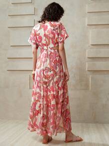 EMERY ROSE Women's Paisley Printed V-Neck Cut-Out Cinched Waist Maxi Dress,Beige,Summer,Boho,Tea Party,Holiday Sundress Wedding Guest Birthday Vacation Outfits - Pink - View 3