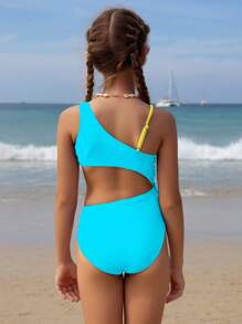 SHEIN Traje de baño de niña preadolescente con diseño de bloqueo de color, escote asimétrico y abertura en la cintura, conjunto de playa morado - Multicolor - Ver 2