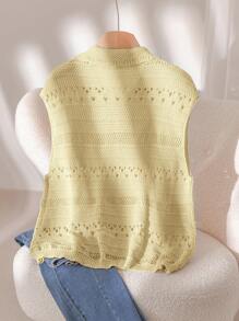 CosyJoli Blusa de punto de unicolor con diseño calado para talla grande de verano - Amarillo - Ver 2