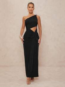 Lumalex Women's Metal Decor Ruched Twist Bodycon Extra Long Dress, One Shoulder - Black - View 5