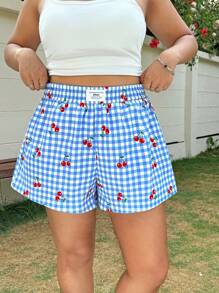 SHEIN EZwear Cherry Plaid Casual Summer Holiday Plus Size Shorts