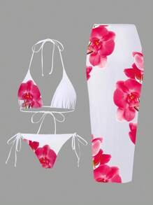 Swim Oasis 2件套2025休闲度假细肩带固定版三角比基尼上衣，系带侧边三角裤和长款固定版网纱裙，女士夏季泳装3件套泳衣 - 彩色 - 查看 1