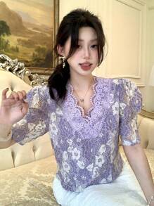 DAZY Women's Elegant Lace V-Neck Puff Sleeve Shirt, Summer