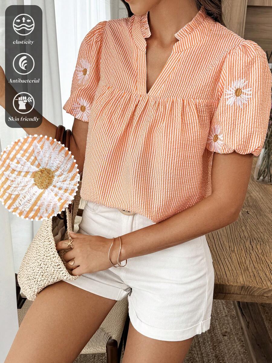 Weeklong 度假休闲条纹花卉刺绣缺口领衬衫 - 橘色 - 查看 1