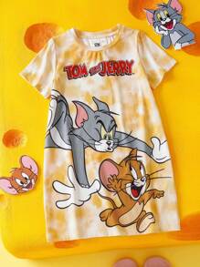 TOM & JERRY X SHEIN 少女卡通印花扎染可爱短袖连衣裙 - 彩色 - 查看 1
