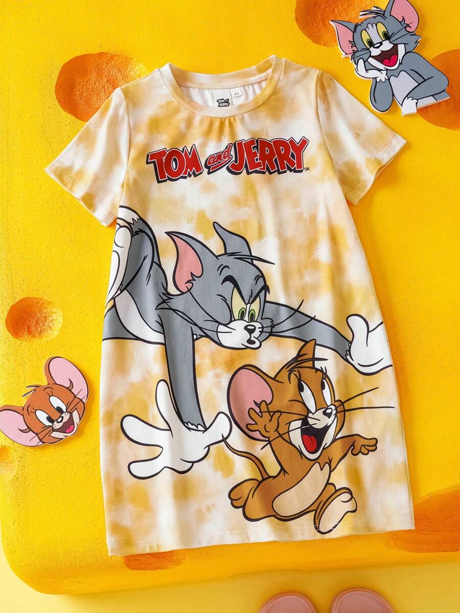 TOM & JERRY X SHEIN 少女卡通印花扎染可爱短袖连衣裙 - 彩色 - 查看 1