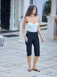 Aralina High Waist Buckled Hem Slim Fit Office Capris For Women Capri Pants - Black - View 1