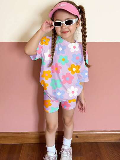 SHEIN Happikins 2pcs Young Girl Casual Floral Print T-Shirt And Shorts Set For Summer