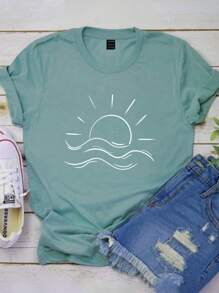 INAWLY 女式夏日阳光图案印花圆领短袖休闲常规款T恤 - 綠色 - 查看 1