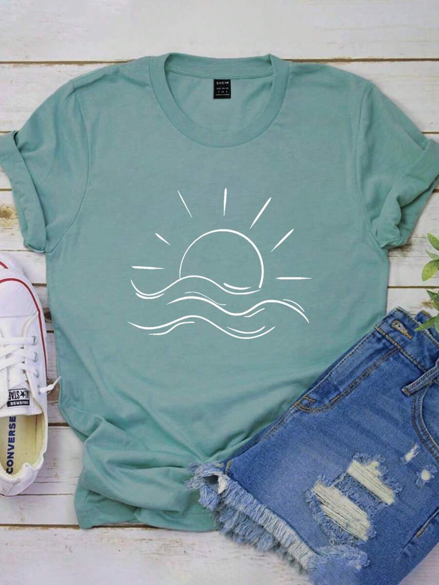 INAWLY 女式夏日阳光图案印花圆领短袖休闲常规款T恤 - 綠色 - 查看 1