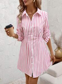 SHEIN Clasi Vestido de camisa corto con cuello de camisa elegante y a rayas de moda para mujer, vestido para el Día de la Madre para uso casual, de oficina y de viaje. Nuevo vestido de camisa a cuadros de moda para ir al trabajo, salir, citas. Vestidos de verano 2025 para mujeres, vestidos de graduación, ropa de verano para mujeres, vestidos cortos de verano para el trabajo y el verano. - Multicolor - Ver 5
