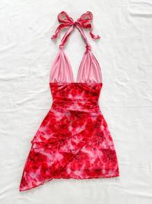 Soleia Summer Women's Tie-Dye Floral Print Backless Halter Neck Bowknot Waist Asymmetrical Hem Mini Dress, Perfect For Vacation - Multicolor - View 2